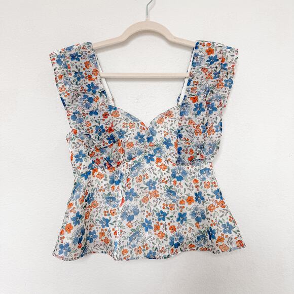 Wildfox Womens Top Size Medium Blue Orange‎ Floral Ruffle Fairy Cottage Coquette - Picture 1 of 6
